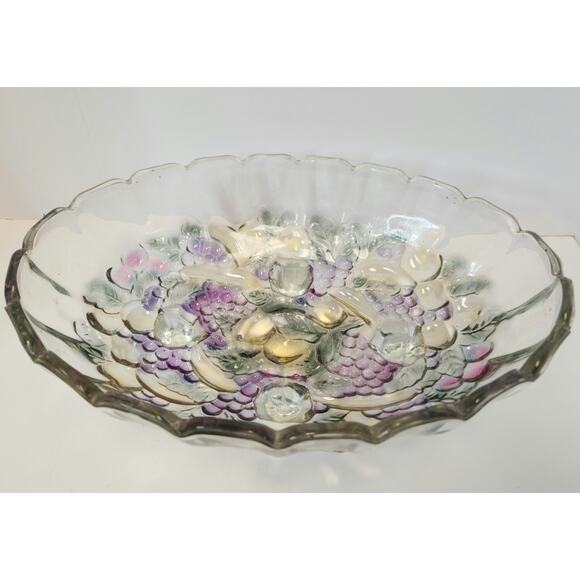Vintage Embossed Glass Fruit Bowl Footed Oval 3-Toed Dish Painted Fruit - Picture 1 of 8